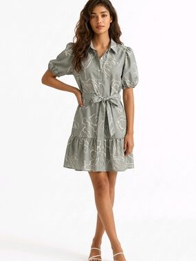 Sage Green Puff-Sleeve Tie-Waist Mini Dress  Boho Prairie Style Size Medium